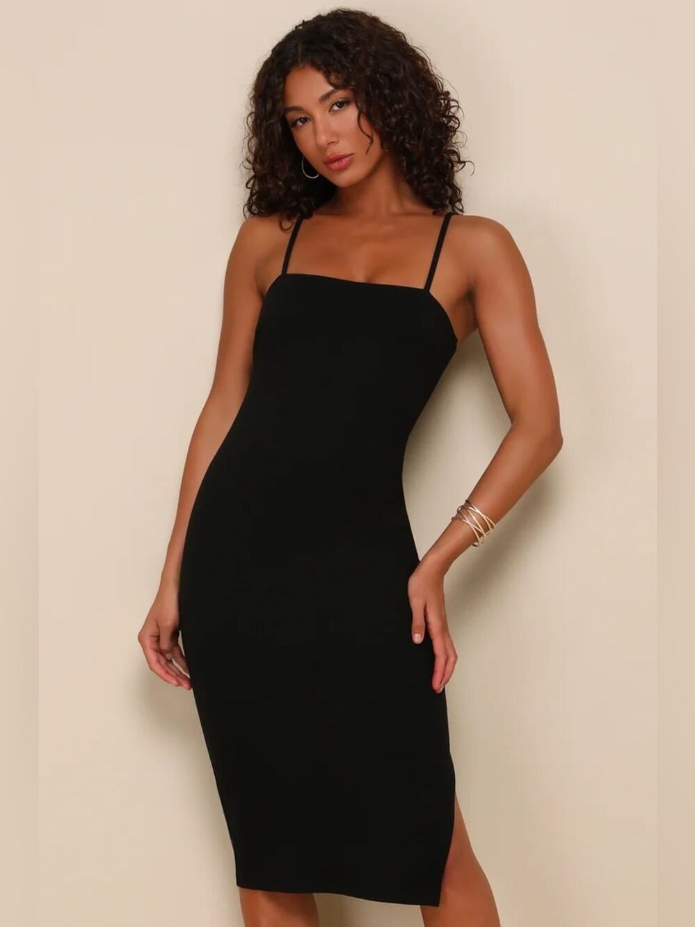 Lulus Bodycon Little Black Dress Side Slit Thin Straps Knee Length Size Medium